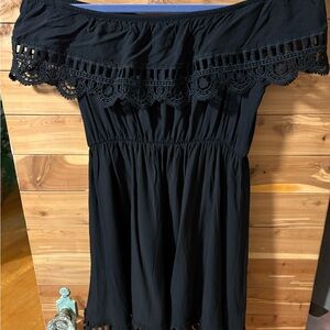 Black Off-Shoulder Dress with Lace Trim